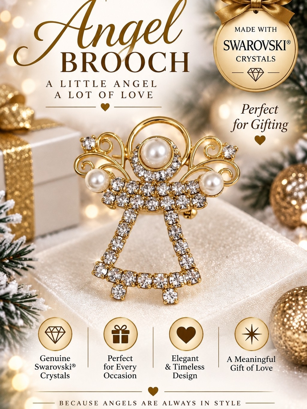 621 Gold Tone Angel Brooch with Pearls and Swarovski Crystals